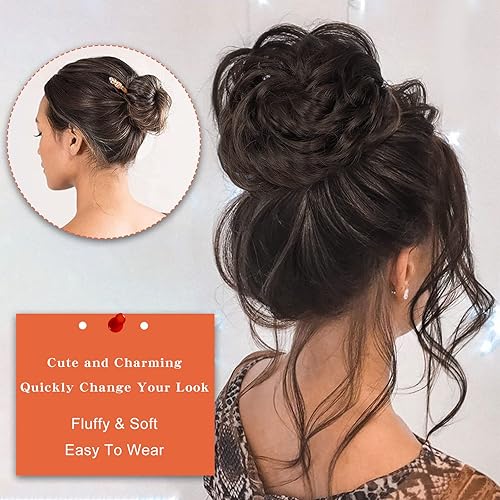 Miniatura 2 de FORCUTEU Juego de 5 piezas de cabello desordenado con moño despeinado, extensiones de cabello rizado desordenado, coleteros con banda elástica,