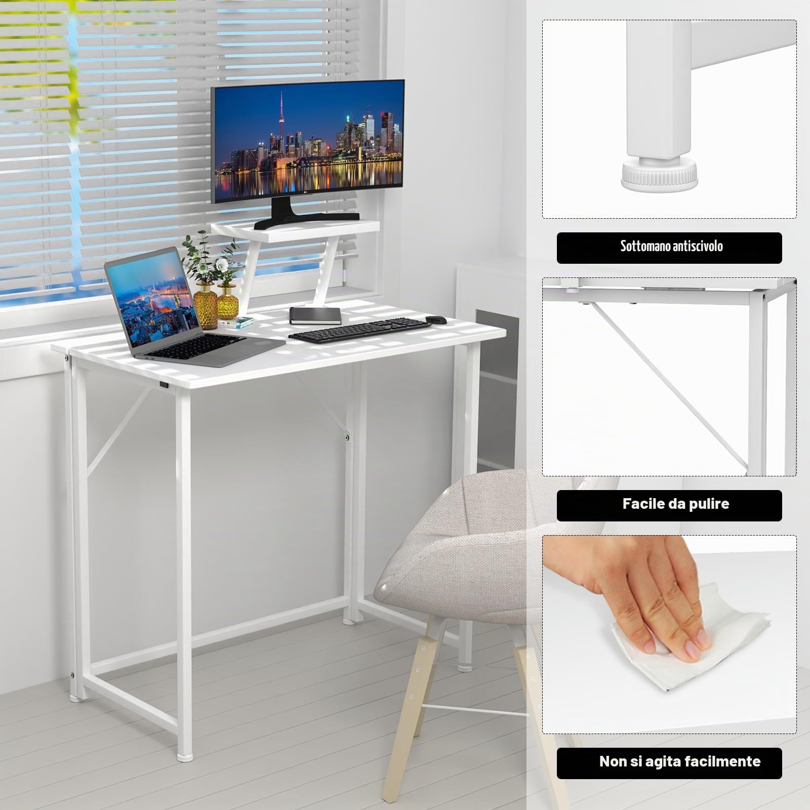 Scrivania Computer Pieghevole con Supporto per Monitor Staccabile, Tavolo Pieghevole da Esterno Interni, 80x45x75 cm tavolino Pieghevoli Piccolo, Scrittoio Bianca per Ufficio Lavoro Studio Campeggio