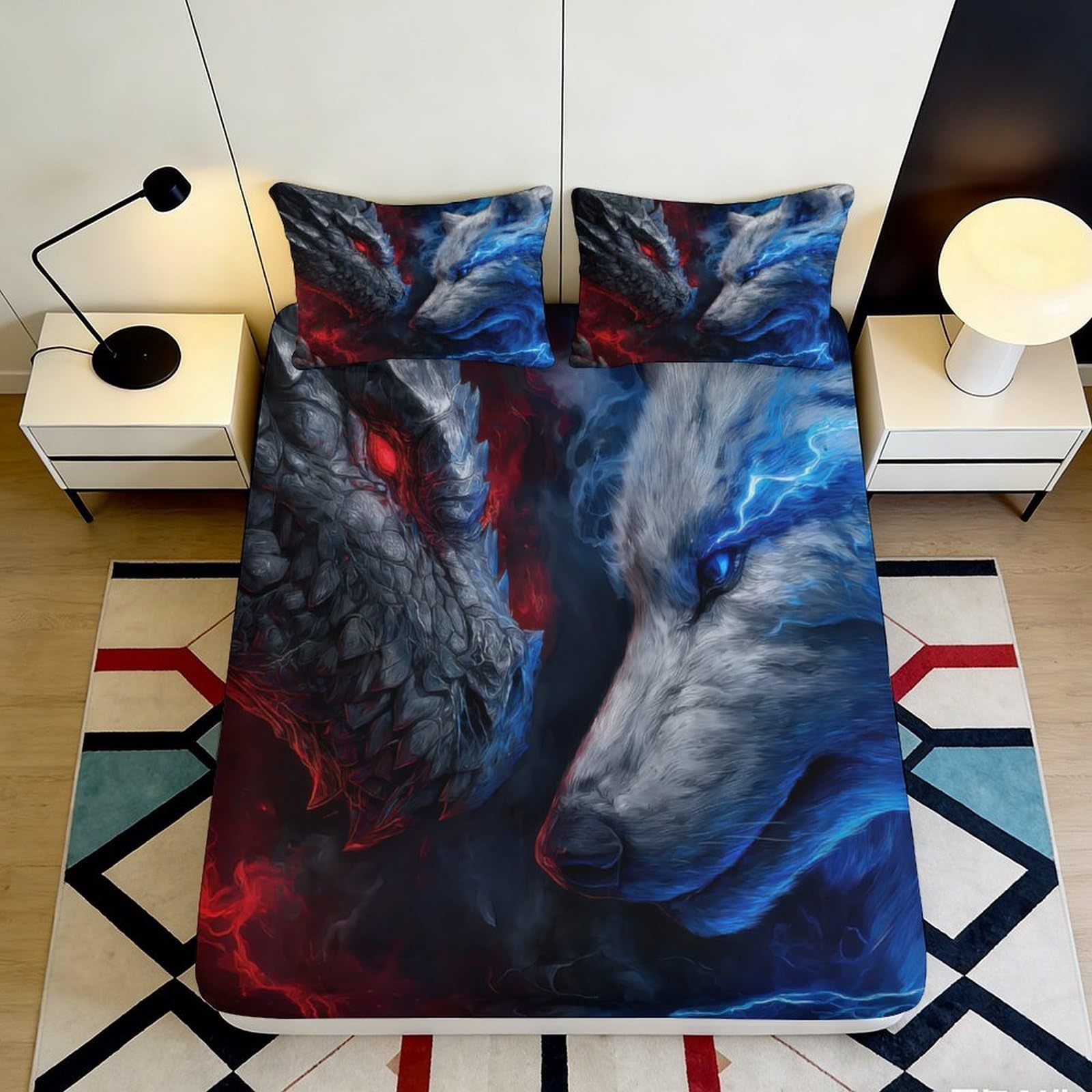 3D Printed Dragon and Wolf Fitted Sheet Microfiber Soft Breathable 3D Printed Fantasy Bed Cover for Bedroom Dormitory Guest Room Mattress Protection 200x200x25cm