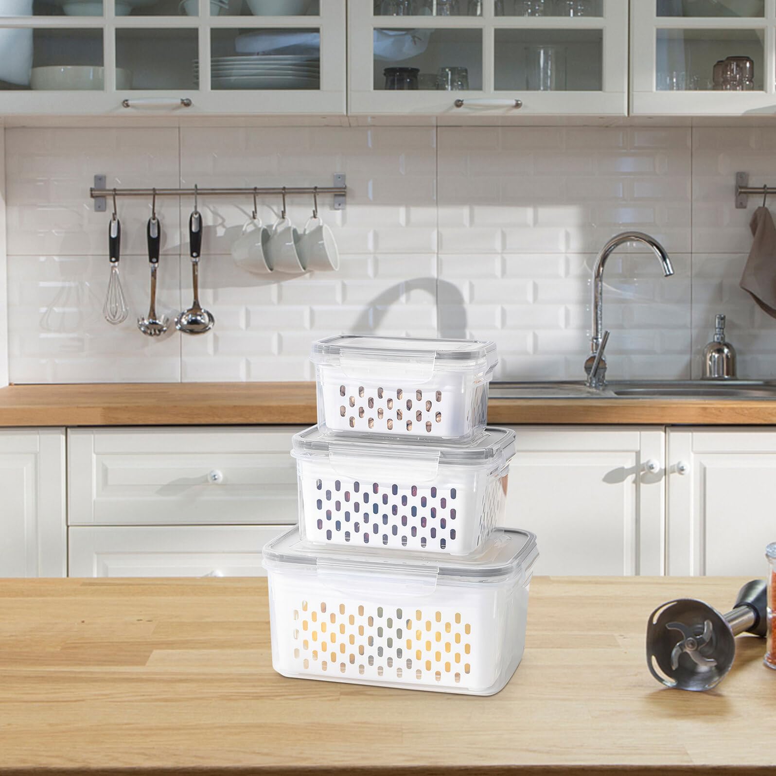 TEHAUX 3 Stück Kühlschrank Organizer Kasten mit Abtropfkorb, Kunststoff
