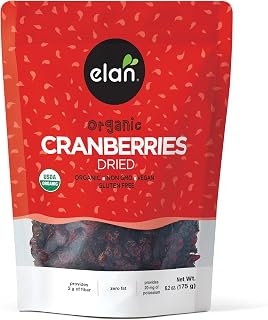 Elan Organic Dried Cranberries 6.2oz - Sweet Tart Whole Berries, No Sulphites, Non-GMO Vegan Gluten-Free Kosher Snacks
