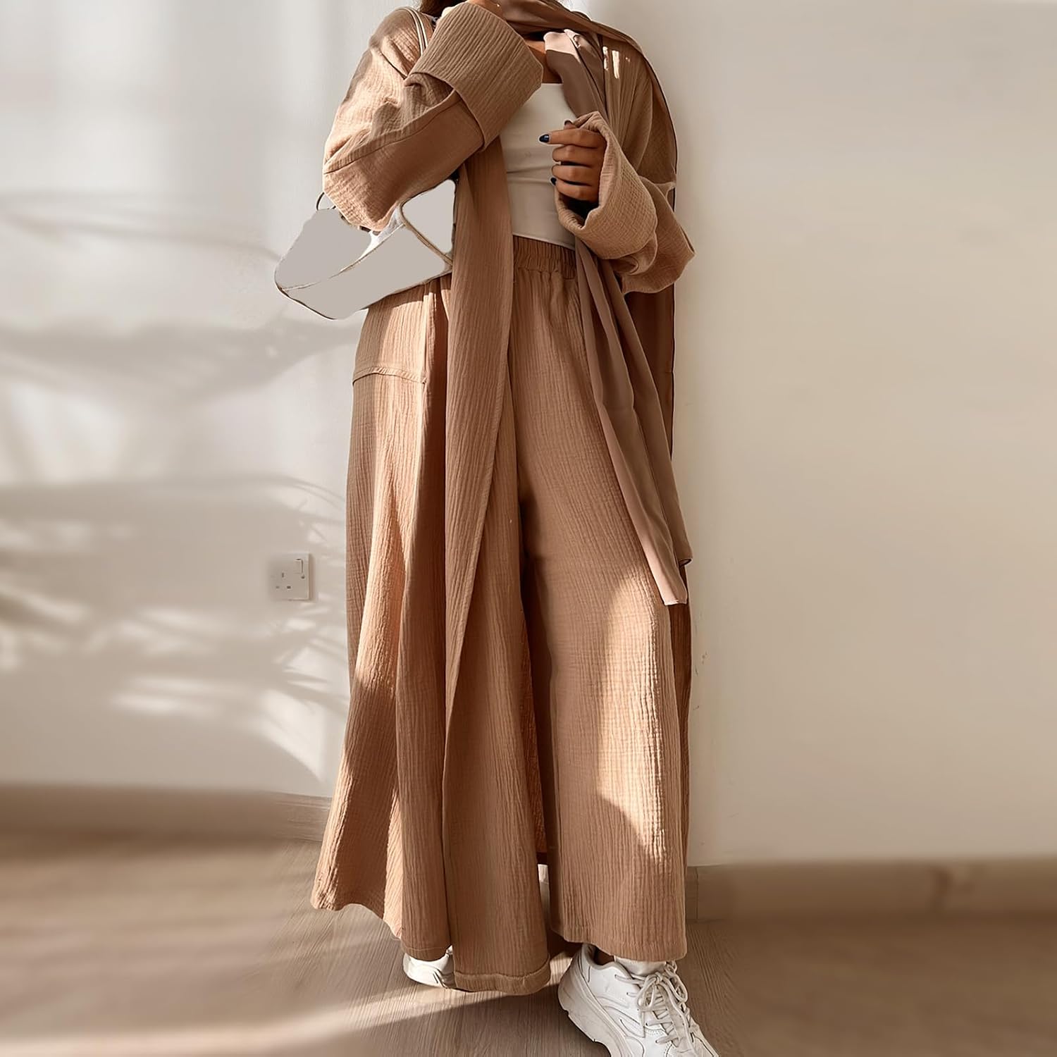 Open Abayas Kimono Muslim Women Cardigan Maxi Dress and pants Set Islamic Clothing Dubai Saudi Robe