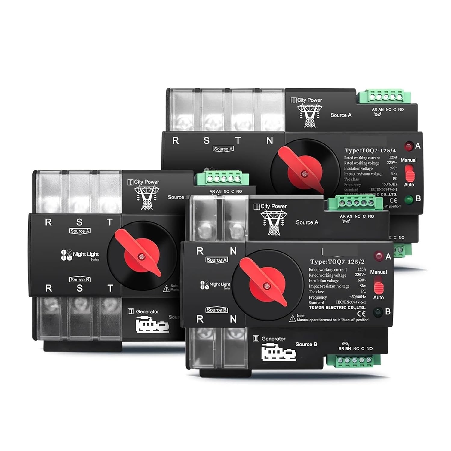 1pc Din Rail 3 phase 2P L N 220V-230V 125A Dual Power Automatic Tr