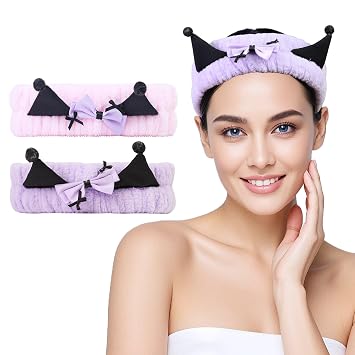 Spa Headband for Washing Face, 2 Pack Cute Hair Band for Shower Yoga Beauty, Fluffy Makeup Headband, Kawaii Facial Headbands for Woman Girls,Purple+Pink Ear