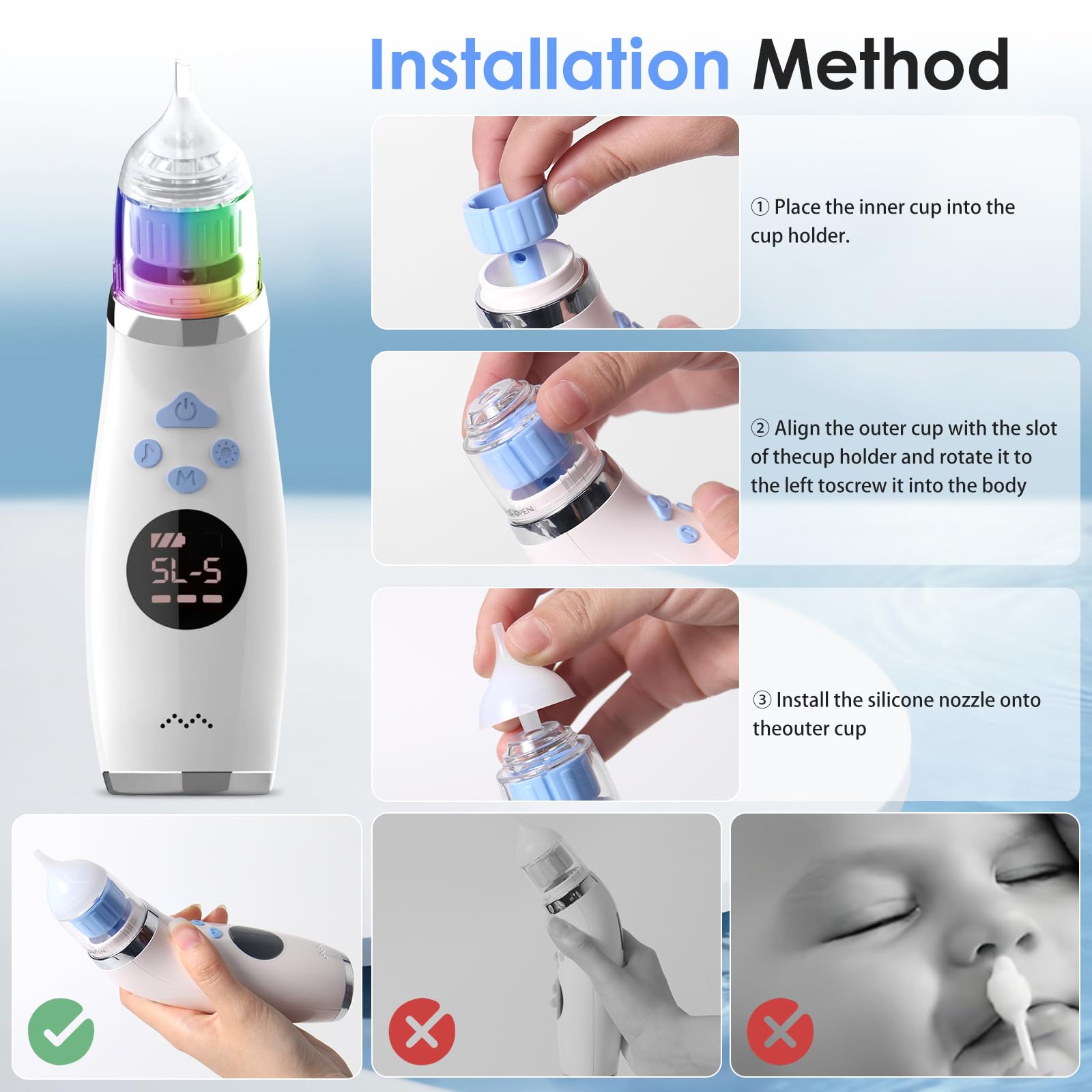 Aspirador Nasal Eléctrico, Limpiador Nasal bebe Electrico, Sacamocos Bebe Electrico, 5 Niveles de Succión & 3 Puntas de Silicona, con Relajante de Música para Niños — view 6