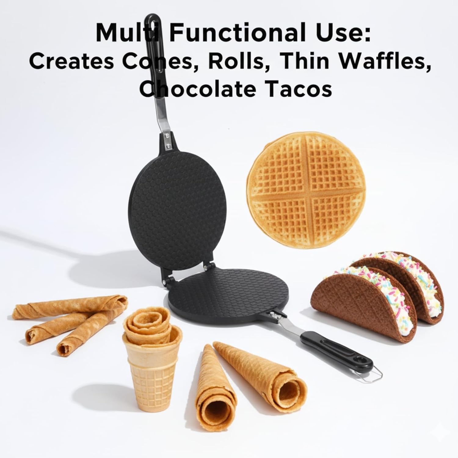 Waffle Cone Maker, 6.7-Inch Ice Cream Cone Maker with Cone Roller & Mold, Stove Top Egg Roll Maker for Homemade Crispy Cones & Waffles