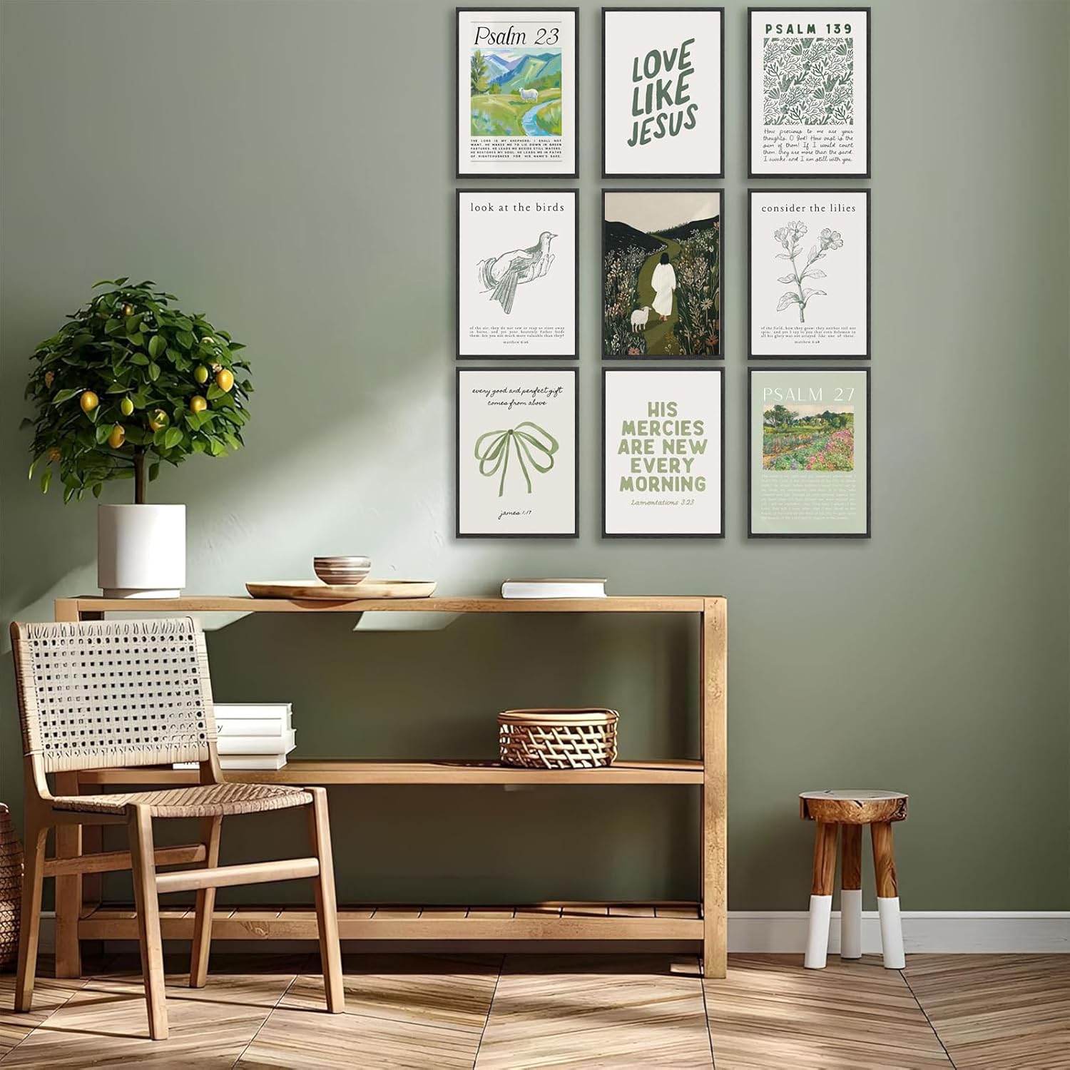 9pcs Sage Green Christian Wall Art Bible Verse Paintings Pictures Wall Decor Jesus Poster Printing Artwork for Living Room Bedroom Christian Housewarming Gift Fashionable College Style Home Decoration