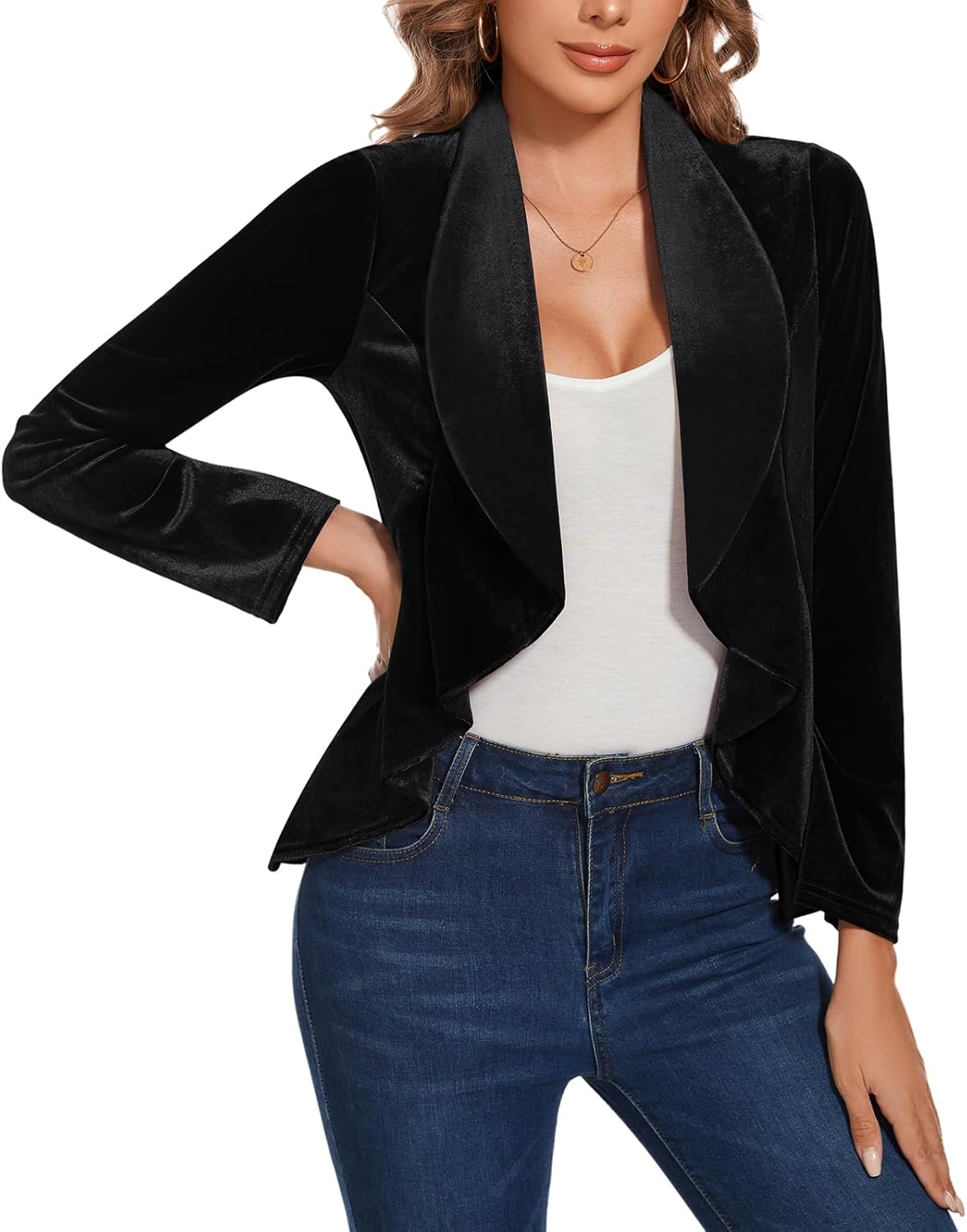 MINTLIMIT Velvet Blazers for Women Casual Work Office Long Sleeve Open Front Cardigan Ruffle Suit Jacket Coat Blazer - Image 3