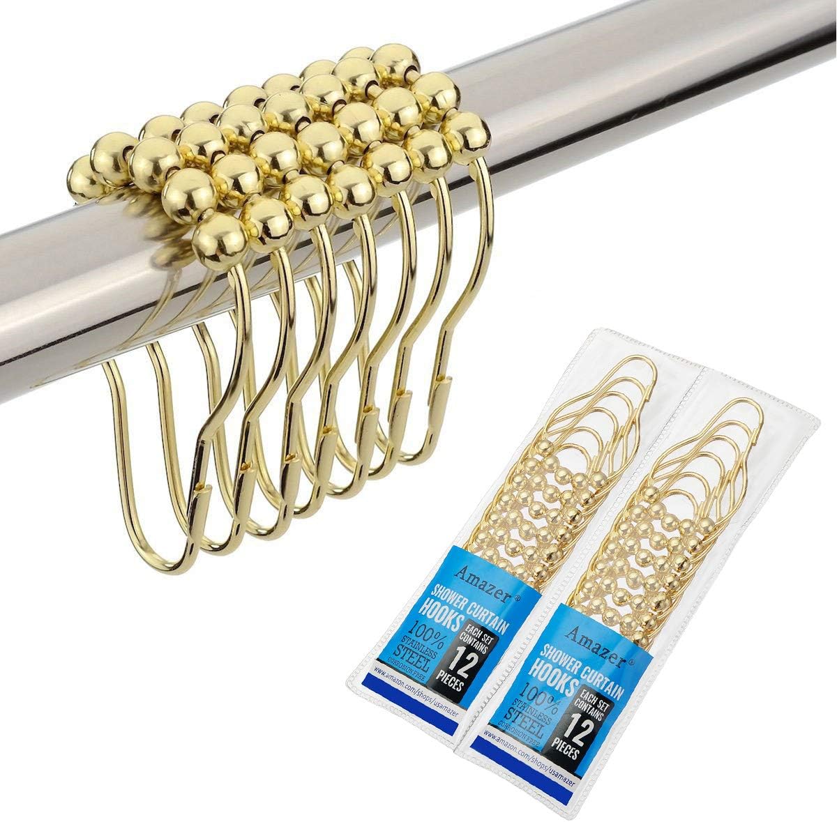 Amazer 2 Pack Shower Curtain Hooks Rings, Stainless Steel Rust-Resistant Shower Curtain Rings and Hooks-Set of 24-Polished Golden
