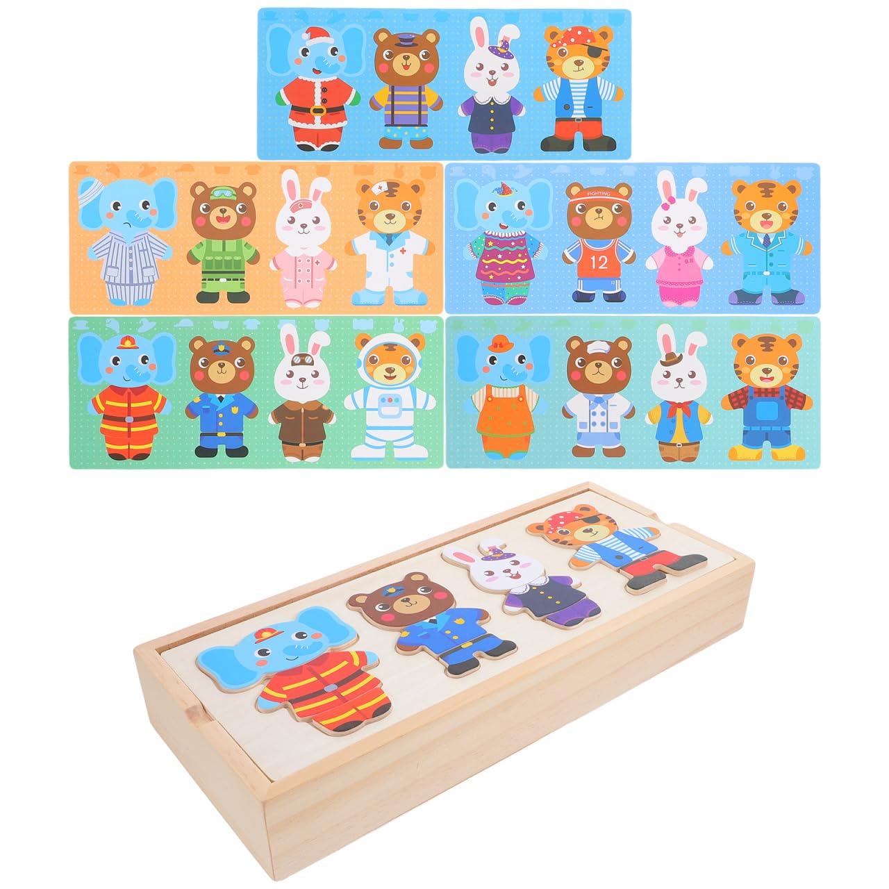 SAFIGLE 木製パズル 動物の着せ替えおもちゃ 20ピースセット 指先トレーニング 知育ゲーム 収納箱付き 30×5.1×1.8インチ 約420G
