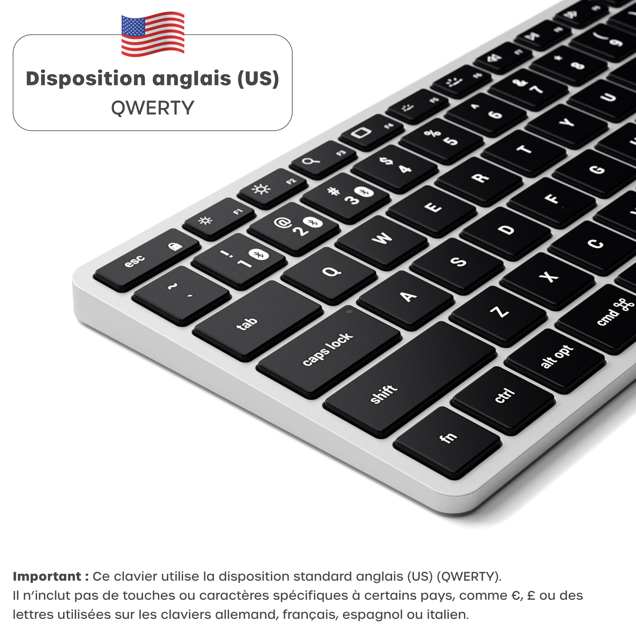 Satechi Clavier sans Fil Bluetooth X1 QWERTY US, Rétroéclairé, Argent | Distribution Américaine, multi-appareils, rechargeable, aluminium, touches rétroéclairées, pour MacBook, Windows et plus