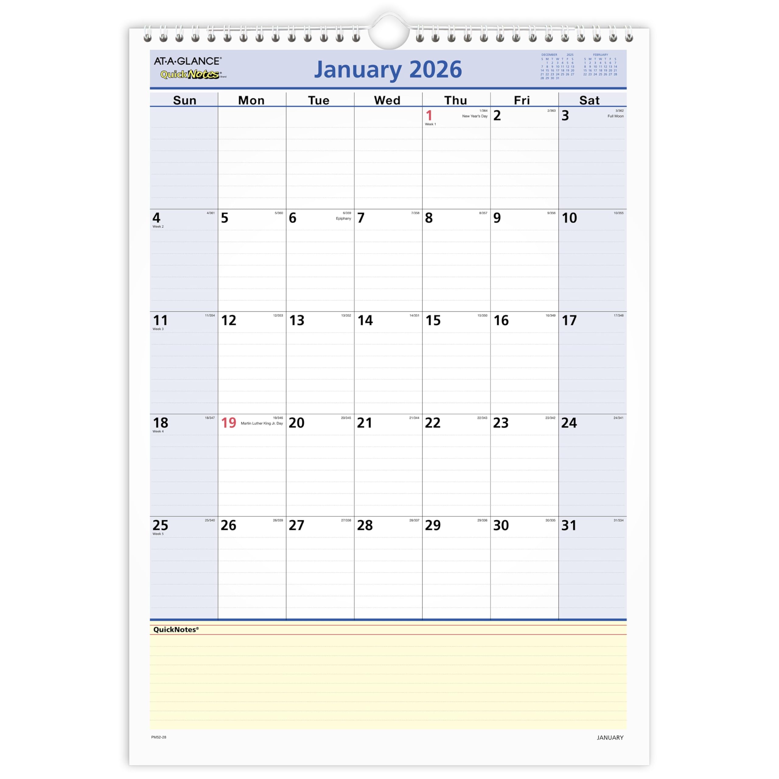 AT-A-GLANCE 2026 Wall Calendar, 12" x 17", Medium, QuickNotes (PM522826)