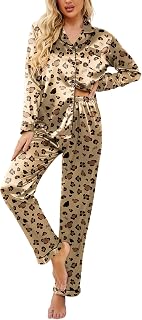 Womens Satin Pajama Set Classic Pattern Silky Pj Sets Button Down Sleepwear Loungewear