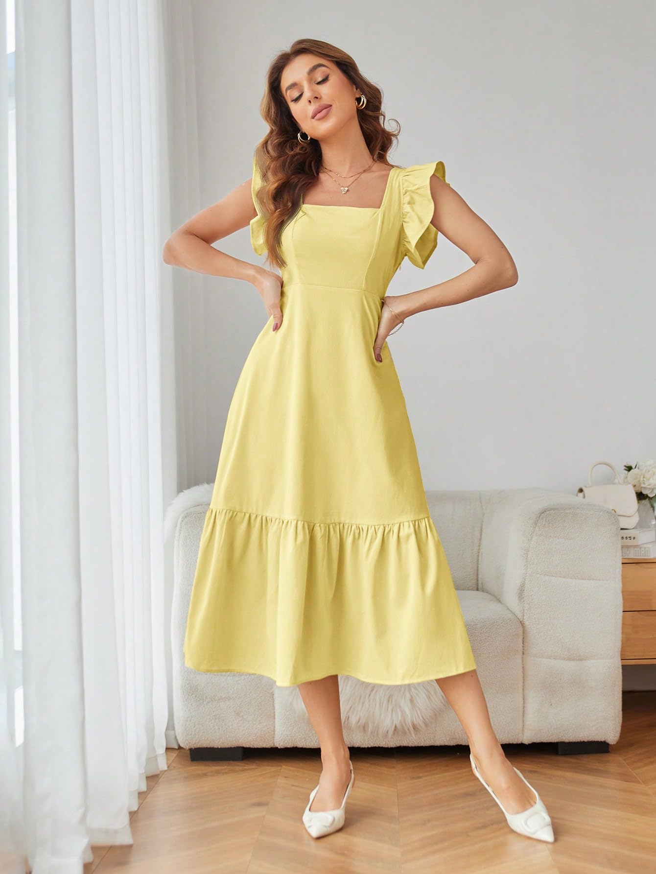 Shasmi Girl's & Women's Solid Yellow Color Square Neck, Ruffle-Trimmed Hem Sleeveless, Ruffle Armhole and Casual Dress with Cinched Waist Vacation Outfits Woman (Dress 162 Yellow-M) - Image 6 thumbnail