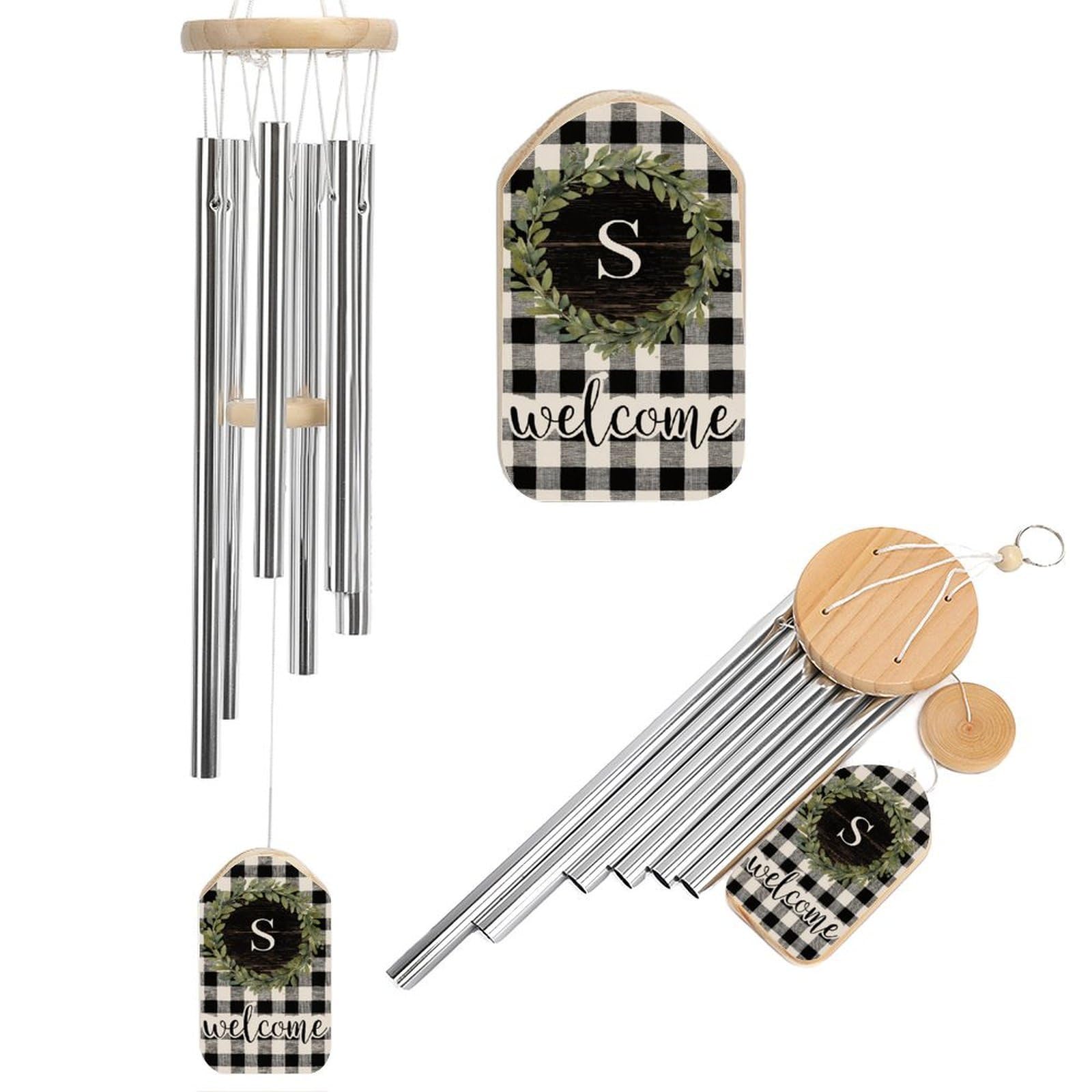 Green Wreath on Black White Checkerboard Wind Chimes Memorial Deep Tone Windchime with 6 Aluminum Tubes Outdoor Backyard Garden Decoration