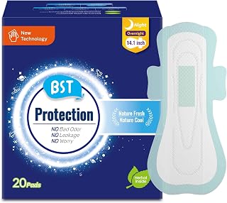 BST Heavy Flow Pads for Women Overnight, Sanitary Pads for Period with Wings, Herbal Infusion with Camellia and Mint Scent, 14.1 Inch(360 mm), Overnight, 20 Count