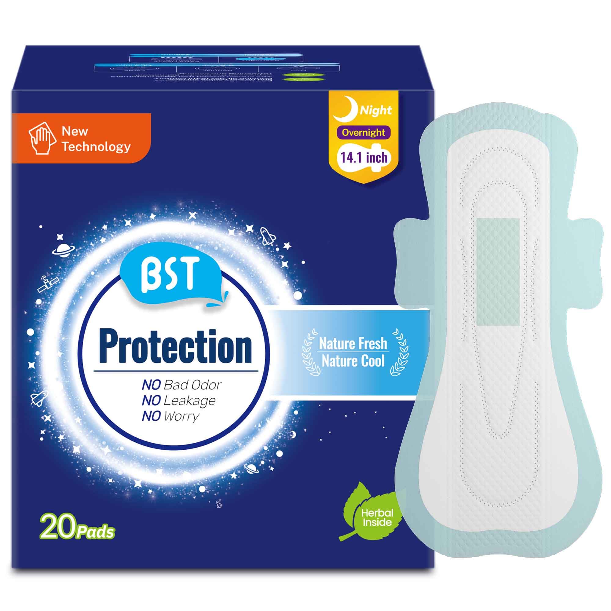 BST Heavy Flow Pads for Women Overnight, Sanitary Pads for Period with Wings,Nature Fresh Cool Herbal Infusion with Camellia and Mint Scent, 14.1 Inch