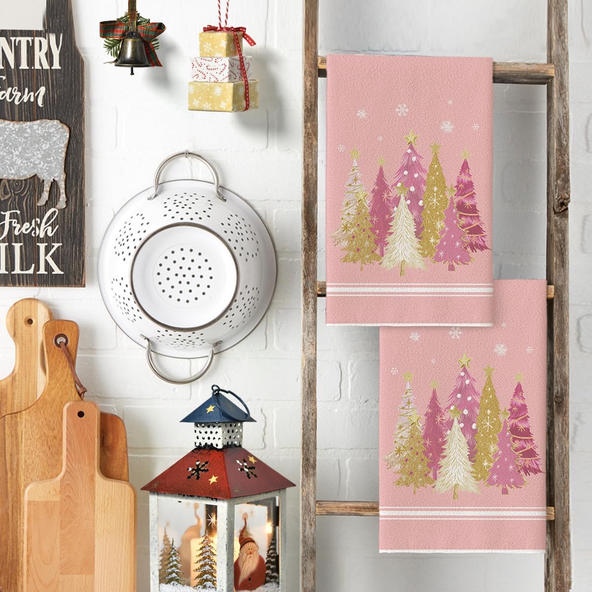 Artoid Mode Pink Xmas Tree Star Christmas Kitchen Towels Dish Towels, 18x26 Inch Farmhouse Snowflakes Decoration Cleaning Set of 2 - Image 3