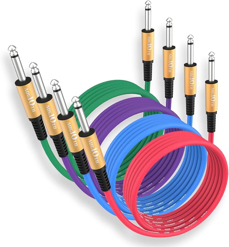 Guitar Cable 20 ft 4 Color Pack Straight to Straight | Stage Electric Instrument Bass Cable AMP Cord 1/4 TS Mono plug, flexible