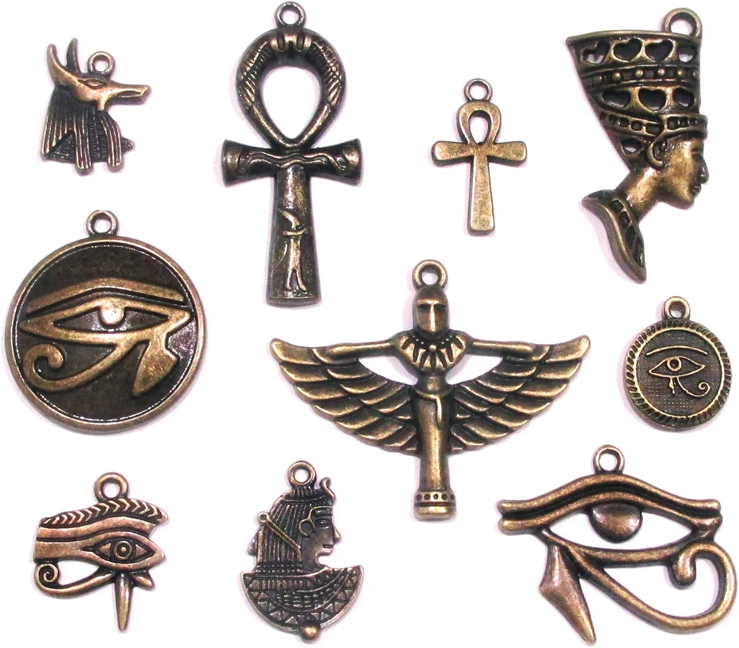 10pcs Antiqued Bronze Egyptian Charms – Ankh, Eye of Ra, Cleopatra, Isis, Anubis – Jewelry Making and Craft Supplies