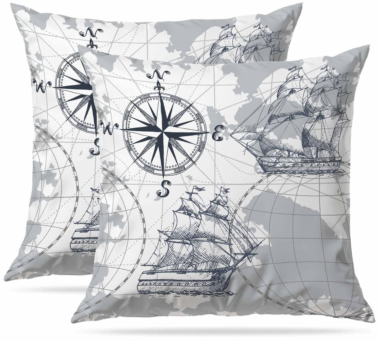 Zovinex Nautical Sailboat Map Cushion Covers 45 X 45 Cm Set Of 2 Pack Soft Short Plush Decorative Square Throw Pillow Case Pillowcases For Sofa Bedroom Outdoor Home Office Car Decor With Invisible Zipper