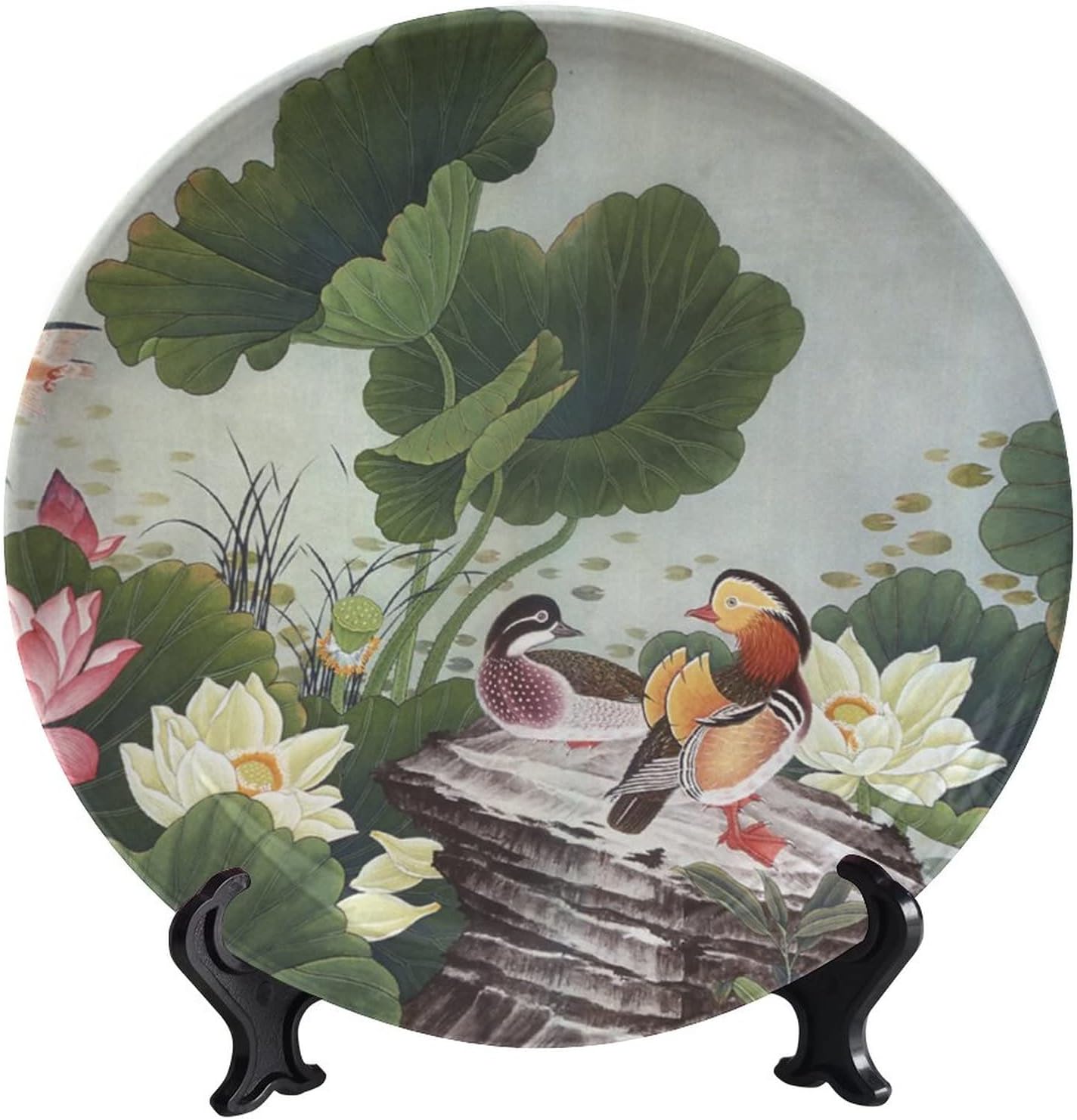 Chinese Painting Ceramic Decorative Plates, Lotus and Mandarin Ducks Decorative Plate, with Vertical Stand, 6 inch, for Living Room Bedroom Kitchen and Office Wall or Dining Table Decor