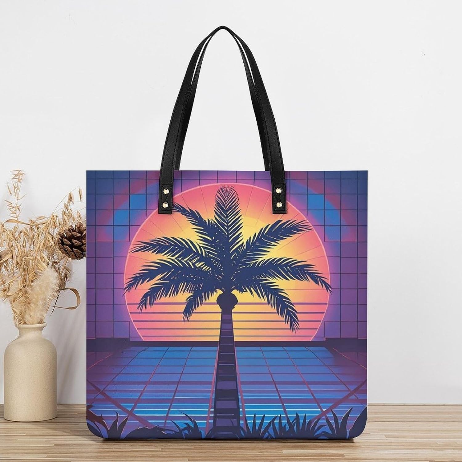 Palm Tree Sun And Grid Tote Bag with Magnetic Buckle Reusable Grocery Bags Lightweight Cross Body Handbag for Daily Essentials