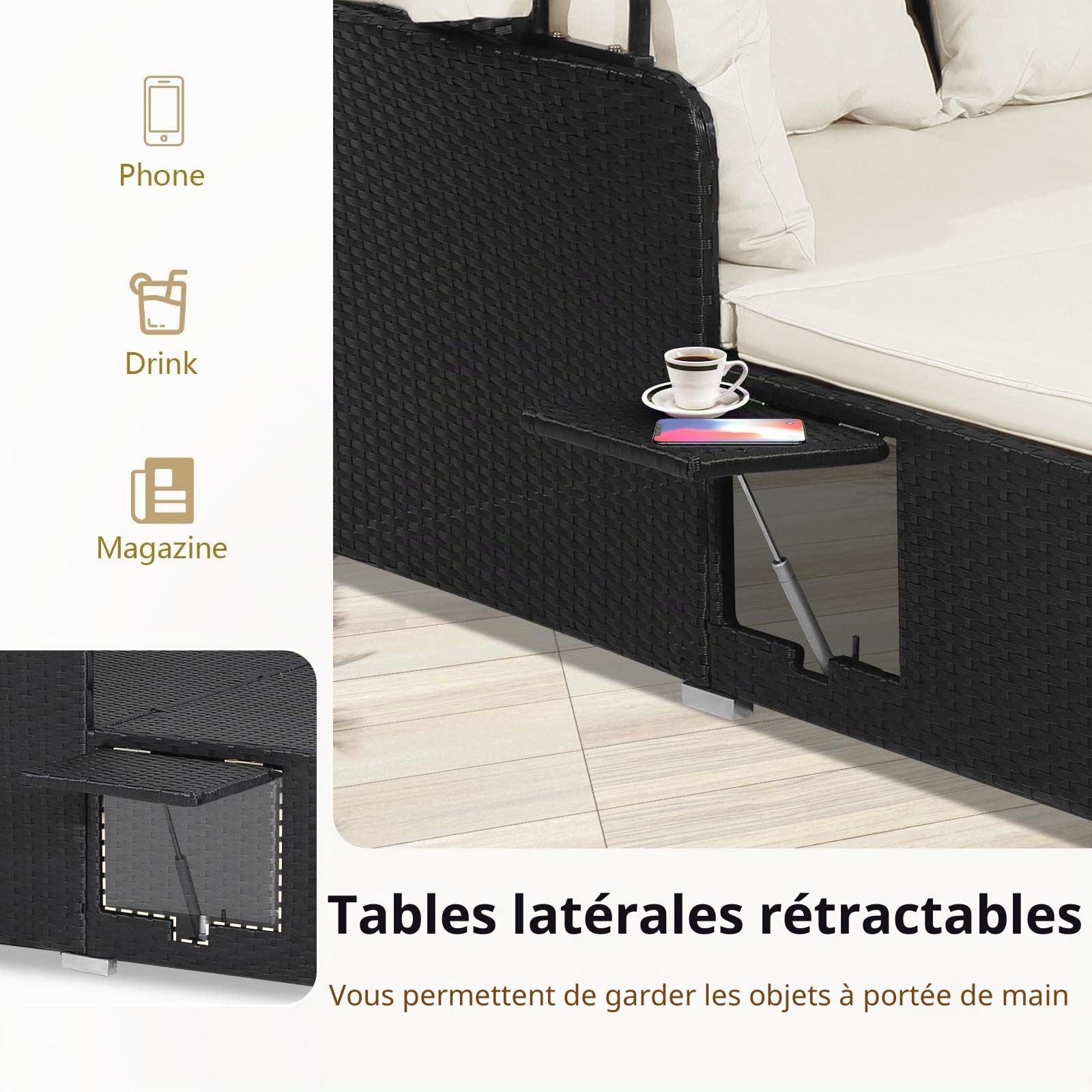 KOMFOTTEU Chaise Longue de Jardin en rotin pour 2 Personnes, avec Toit Pliable et Panneaux latéraux, lit de Relaxation imperméable avec Coussin de siège, Chaise Longue pour l'intérieur et l'extérieur