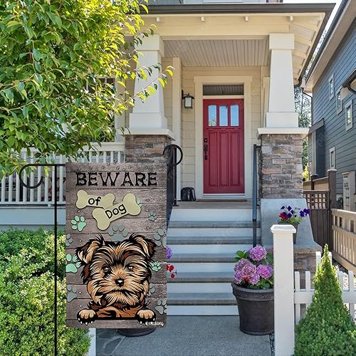 Miniatura 3 de MALIHONG Bonita bandera de jardín con diseño de perro con texto en inglés "Be Ware of Dog" Rottweiler, diseño de pata de cachorro, para interiores y