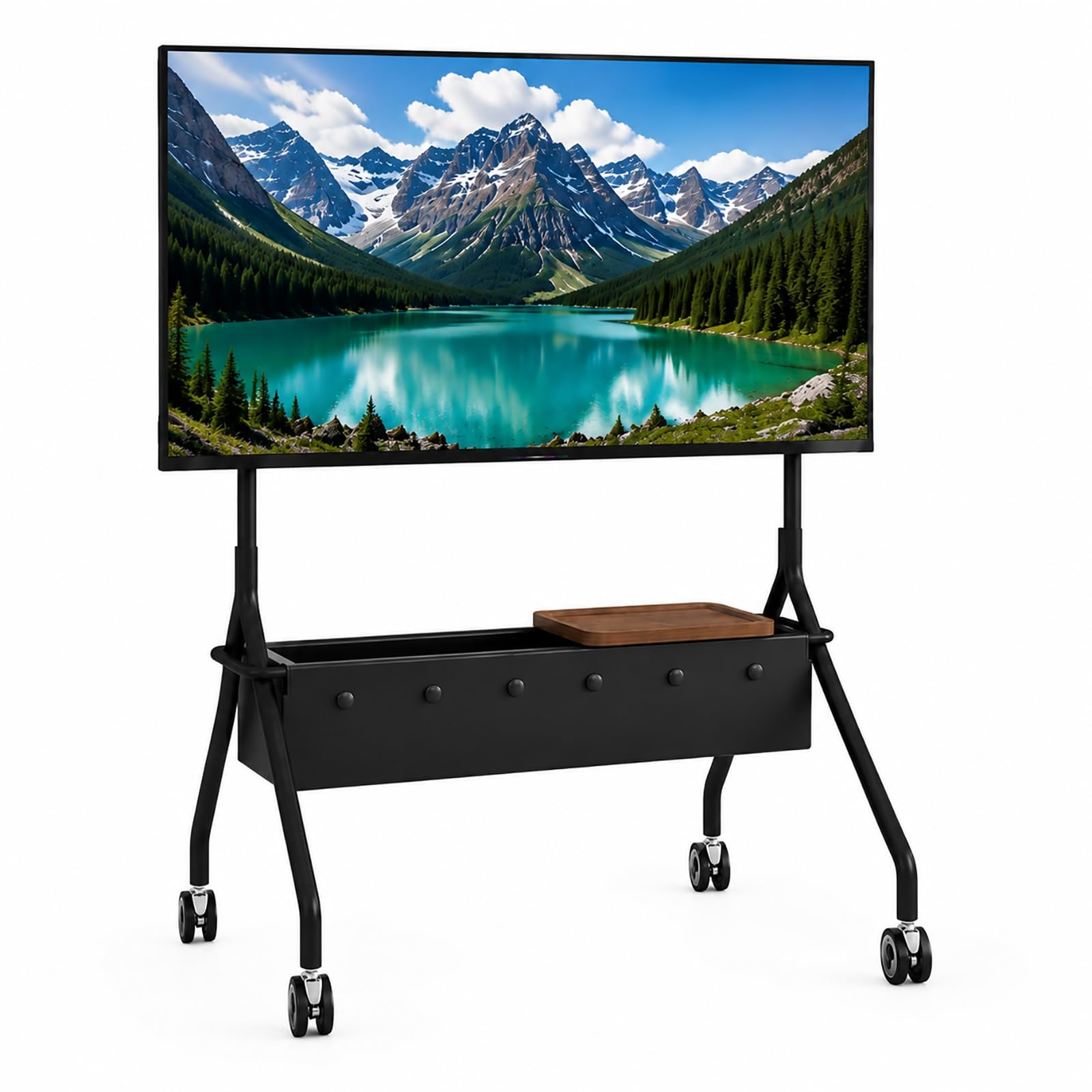 Supporto TV Mobile con Ruote, Carrello TV Mobile | Acciaio al Carbonio, Ruote Bloccabili, Scatola Portaoggetti, Pegboard DIY(Black)