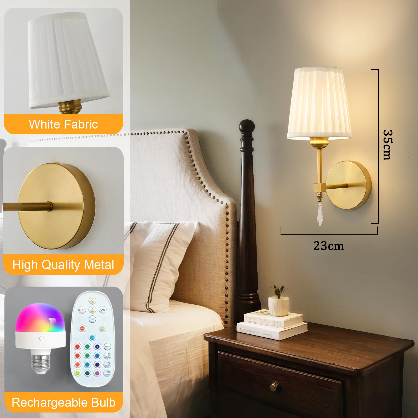 Lampada da Parete Interno Ricaricabile LED RGB Dimmerabile Applique da Parete con Telecomando Senza Fili Iluminazioni per Pareti Paralume in Tessuto Soggiorno Camera da Letto Corridoio (Oro,1 Pezzi)