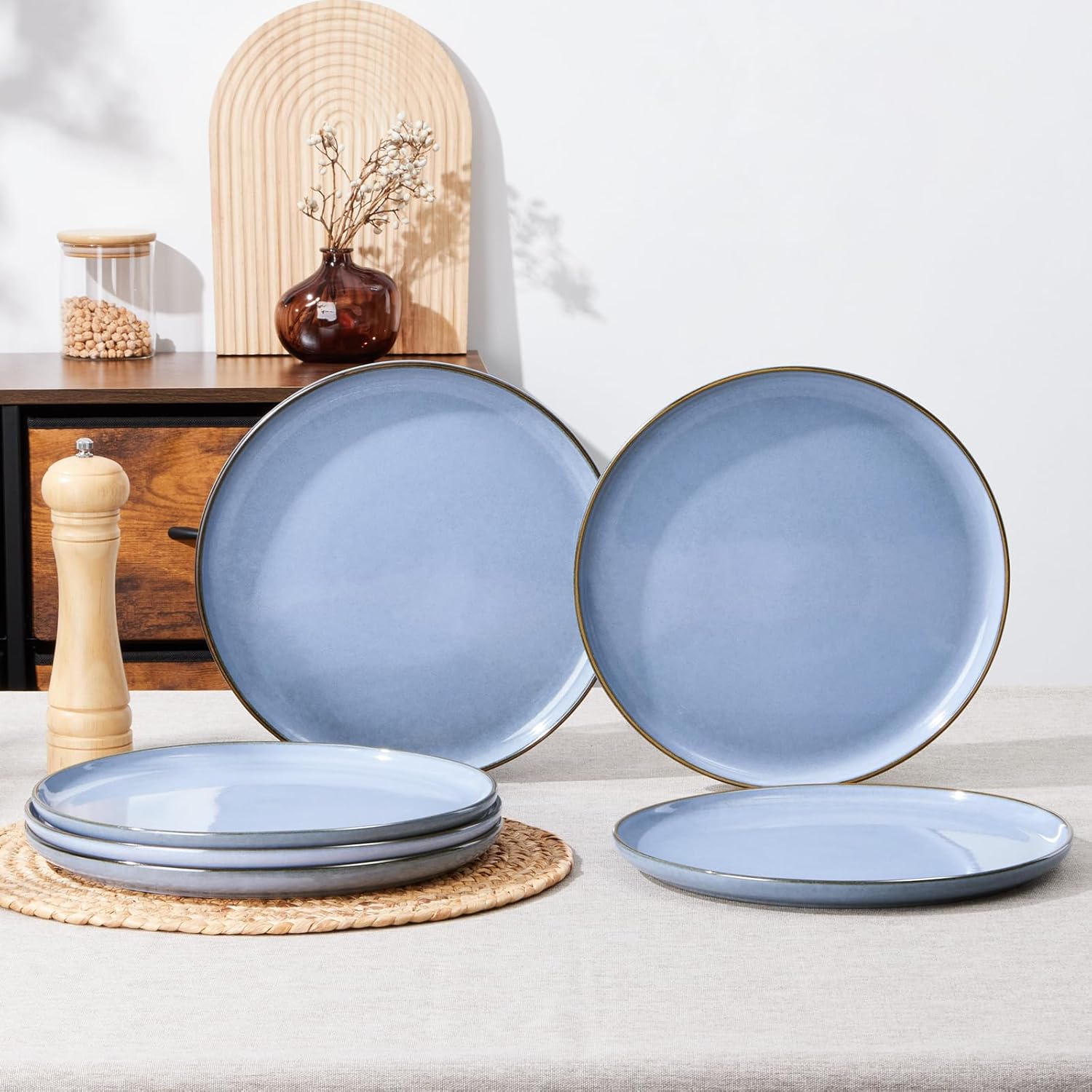 E-far 10.5” Ceramic Dinner Plates Set of 6, Large Reactive Glaze Stoneware Dishes, Round Salad Plate for Home Kitchen Restaurant, Microwave & Dishwasher Safe – Ocean Blue