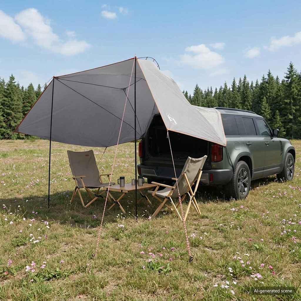 Tente de voiture gris orange 350 x 250 cm polyester acier avec toit en toile fermeture éclair pliable pour housse de voiture extérieur camping protection contre la pluie