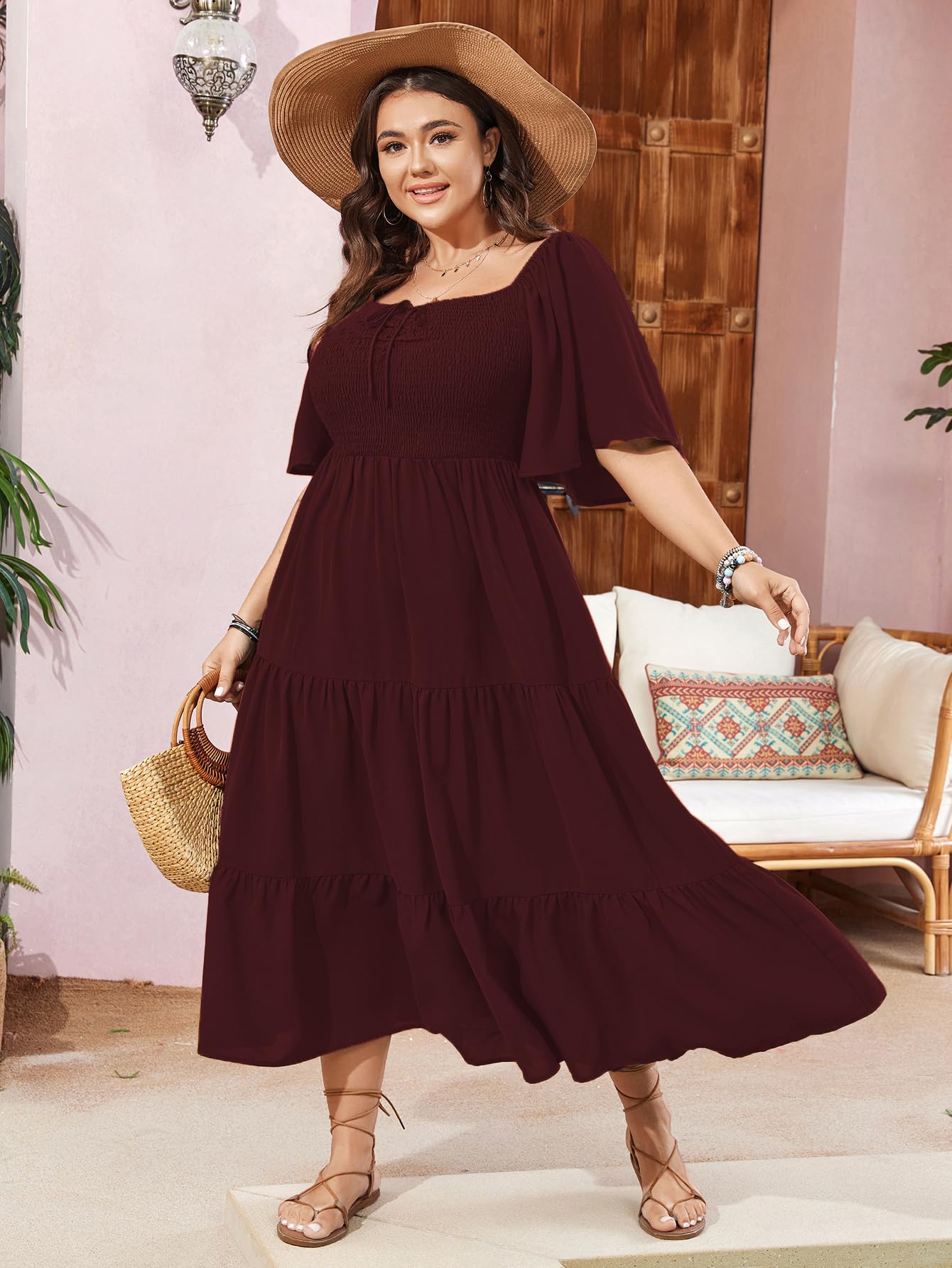 SCOMCHIC Robe longue fluide à manches courtes et col carré pour femme