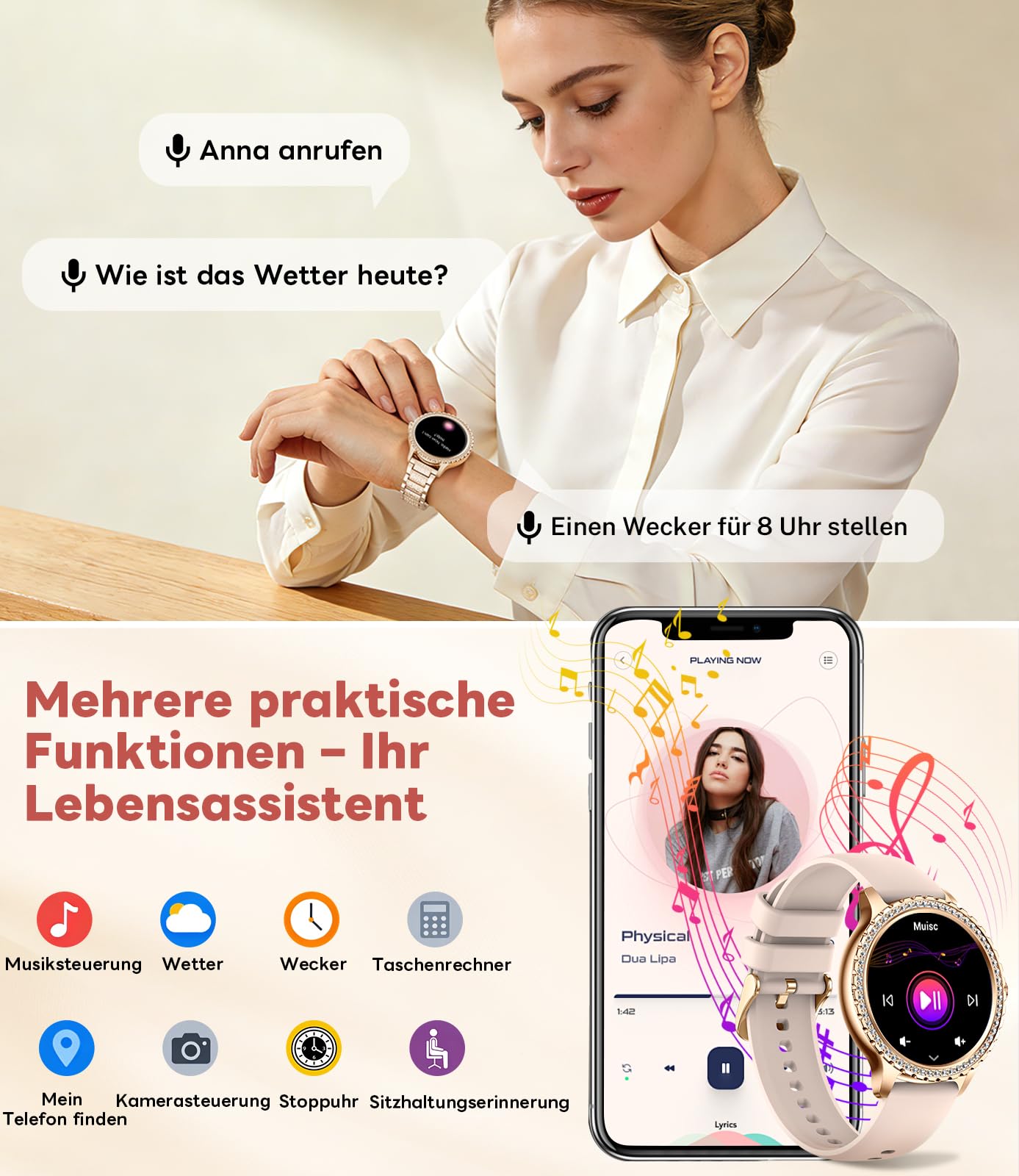 Smartwatch Damen mit Telefonfunktion, 1.32" Armbanduhr mit Diamanten, Fitnessuhr für Android iOS, Menstruationszyklus/Herzfrequenz/Schrittzähler, 500+ Ziffernblätter, 2 Armband, Rosegold