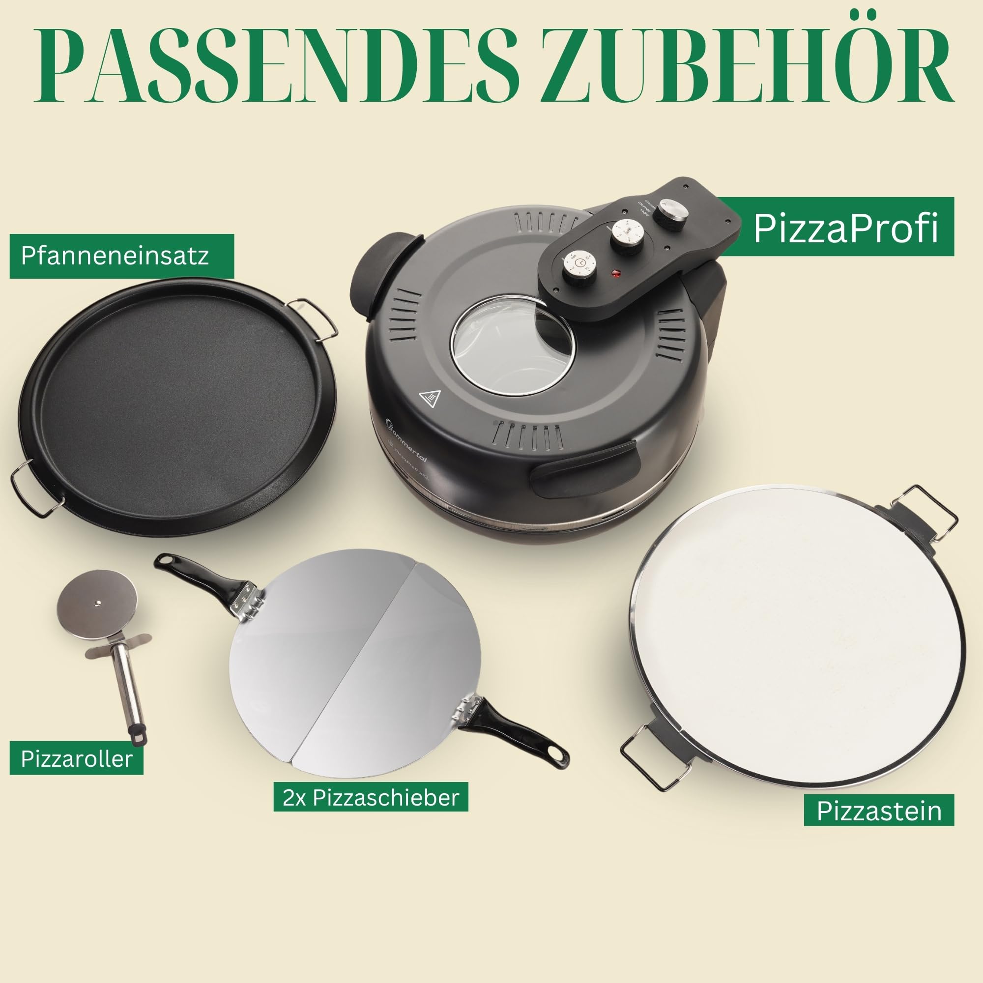 Four à pizza Sommertal PizzaProfi XXL avec plaque en pierre de 39 cm - four à pizza électrique, jusqu'à 400°C - Ensemble de 5 pièces avec insert de poêle, 2x pelle à pizza, cutter, pierre à pizza