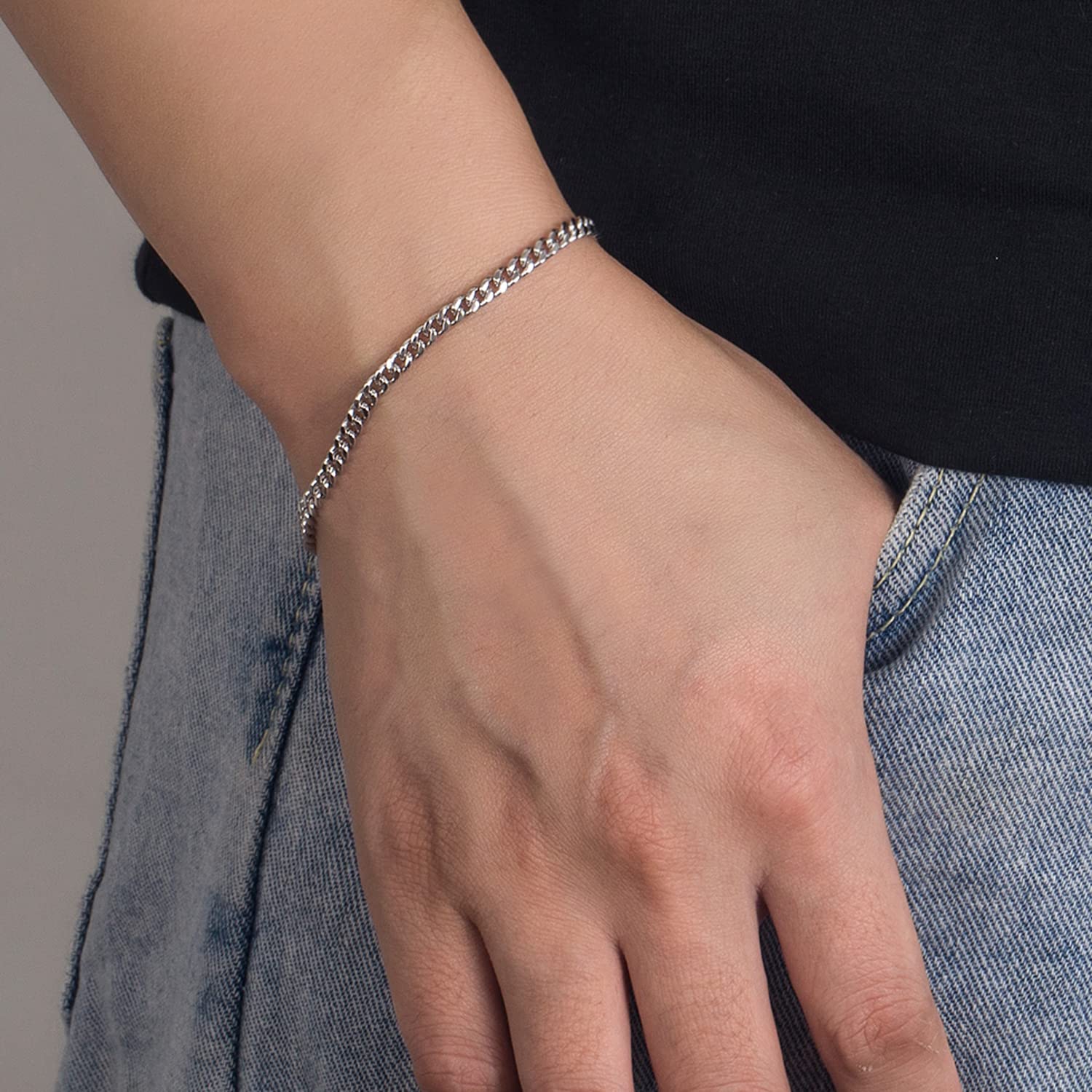 Dankadi Bracciale cubano sottile largo 3 mm, 4 mm, 5 mm, in argento Sterling 925, catena cubana, maglia fine rock, punk, hip pop, miami, regalo per feste di compleanno, per uomo e donna
