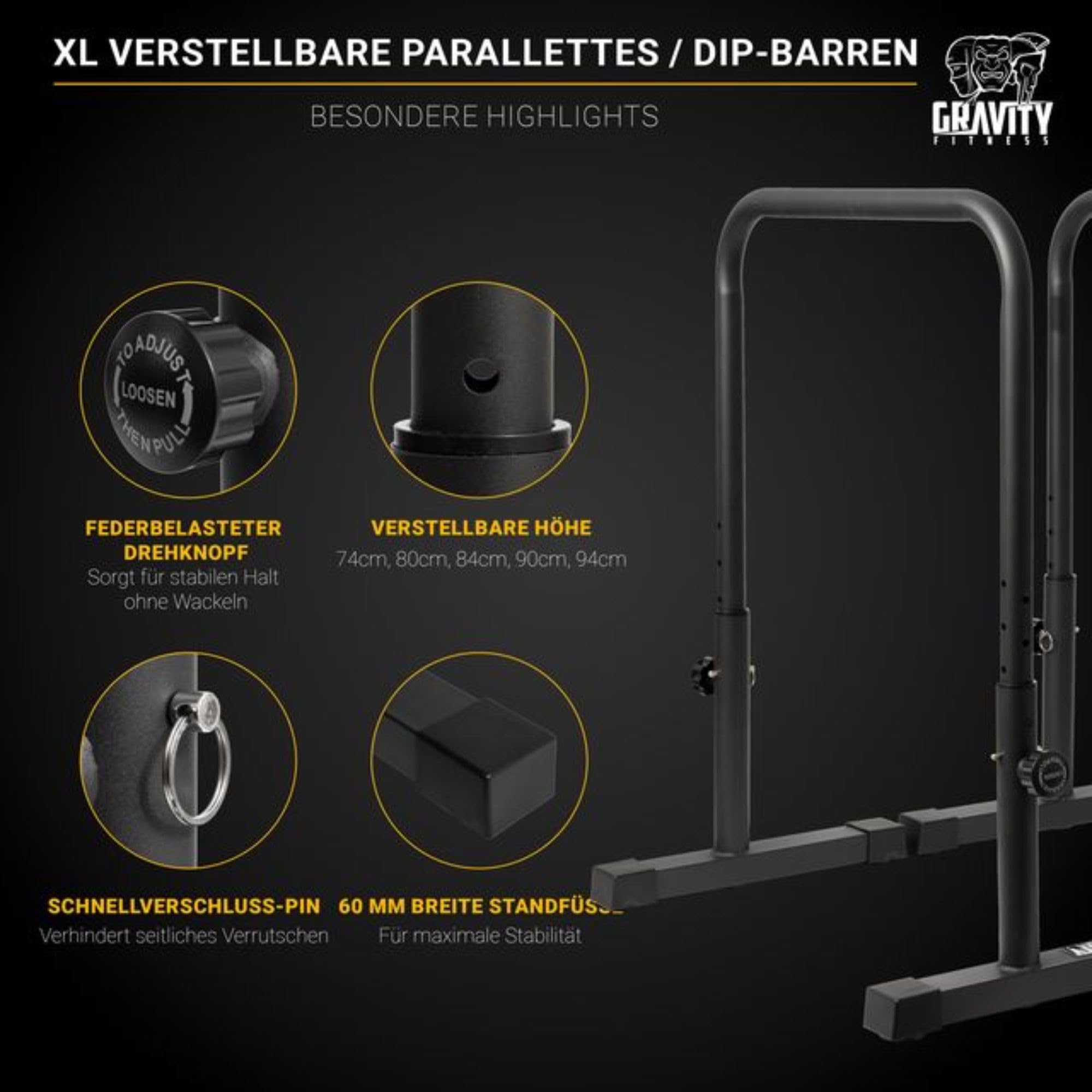 Gravity Fitness Dip Bars XL – Verstellbare Parallettes für Calisthenics, Home Gym & Profi-Einsatz – 38mm Griffe für Dips, L-Sit, Push-Ups – stabile Turnbarren für Krafttraining
