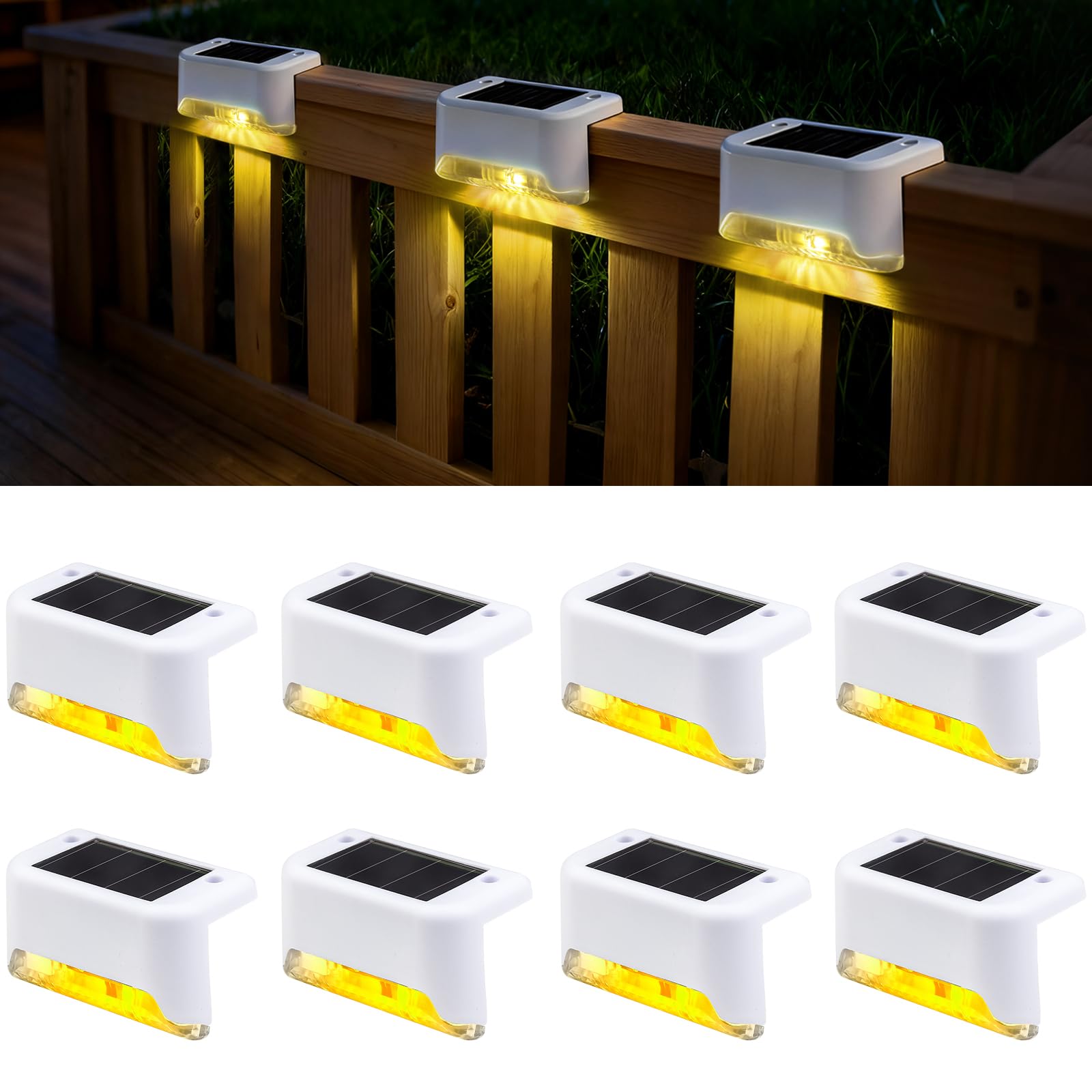 jindaaudio Solar Garden Step Lights, 8-Pack Warm White LED Deck Lights, Waterproof Outdoor, Modern Style, Solar Powered for Steps, Fence, Pathways, IP44 Rated