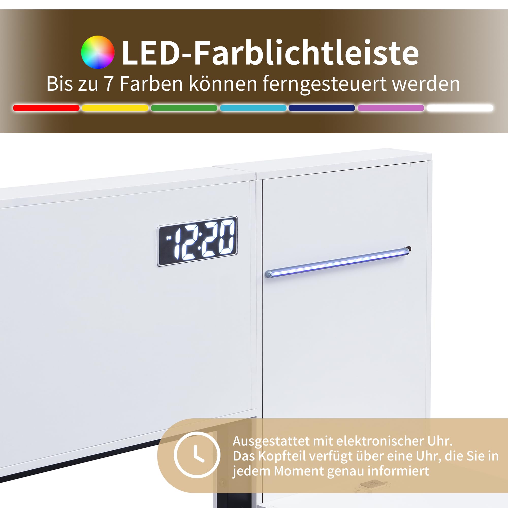 Mrwoo Polsterbett 180x200cm, Holzbett mit USB und Anschluss, Doppelbett mit Bluetooth- Lautsprecher und Farblichtleiste, Weiß (Ohne Matratze)