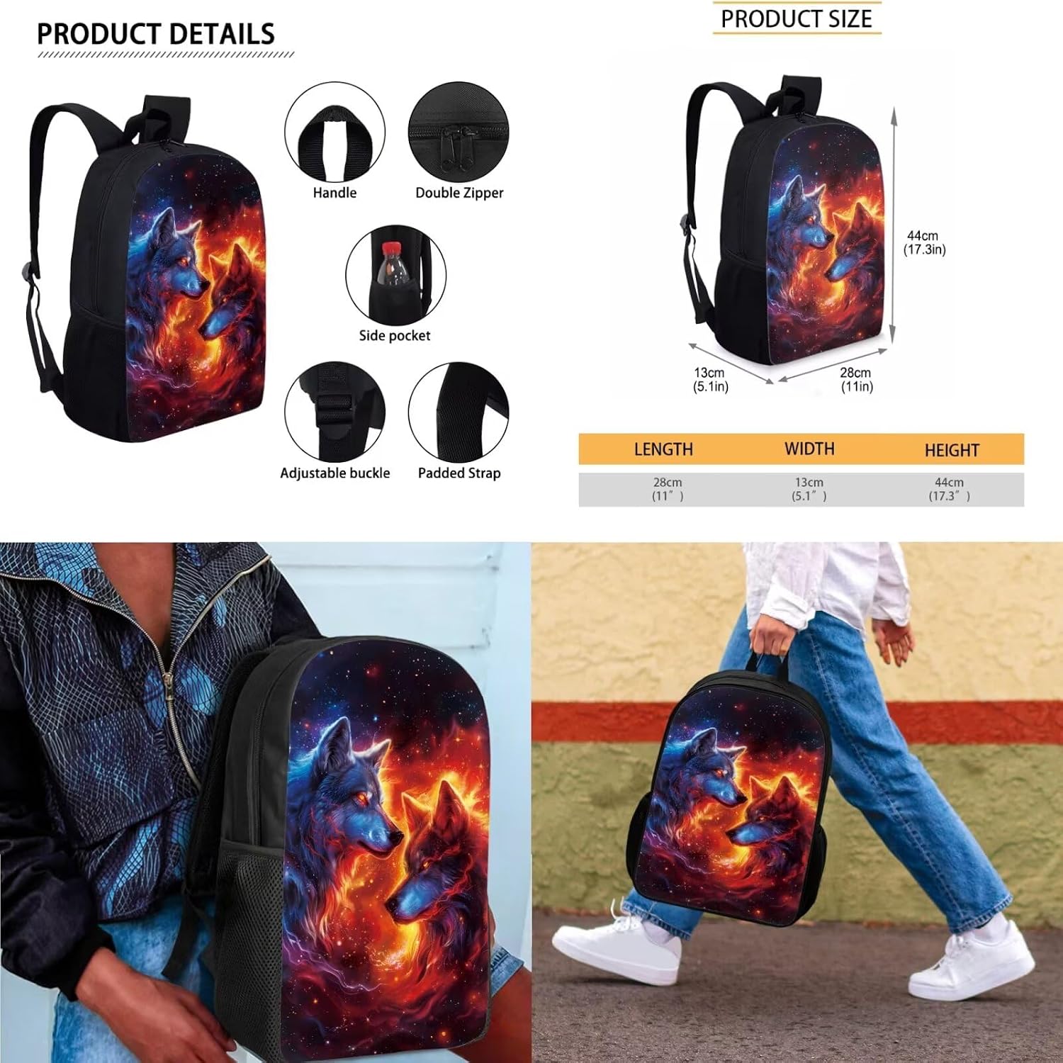 Ystardream Cool Galaxy Wolf Backpack for Boys Kids School Backpack with Lunch Bag School Bag Set Preschool Kindergarten Elementary Bookbag Teenager Schoolbag