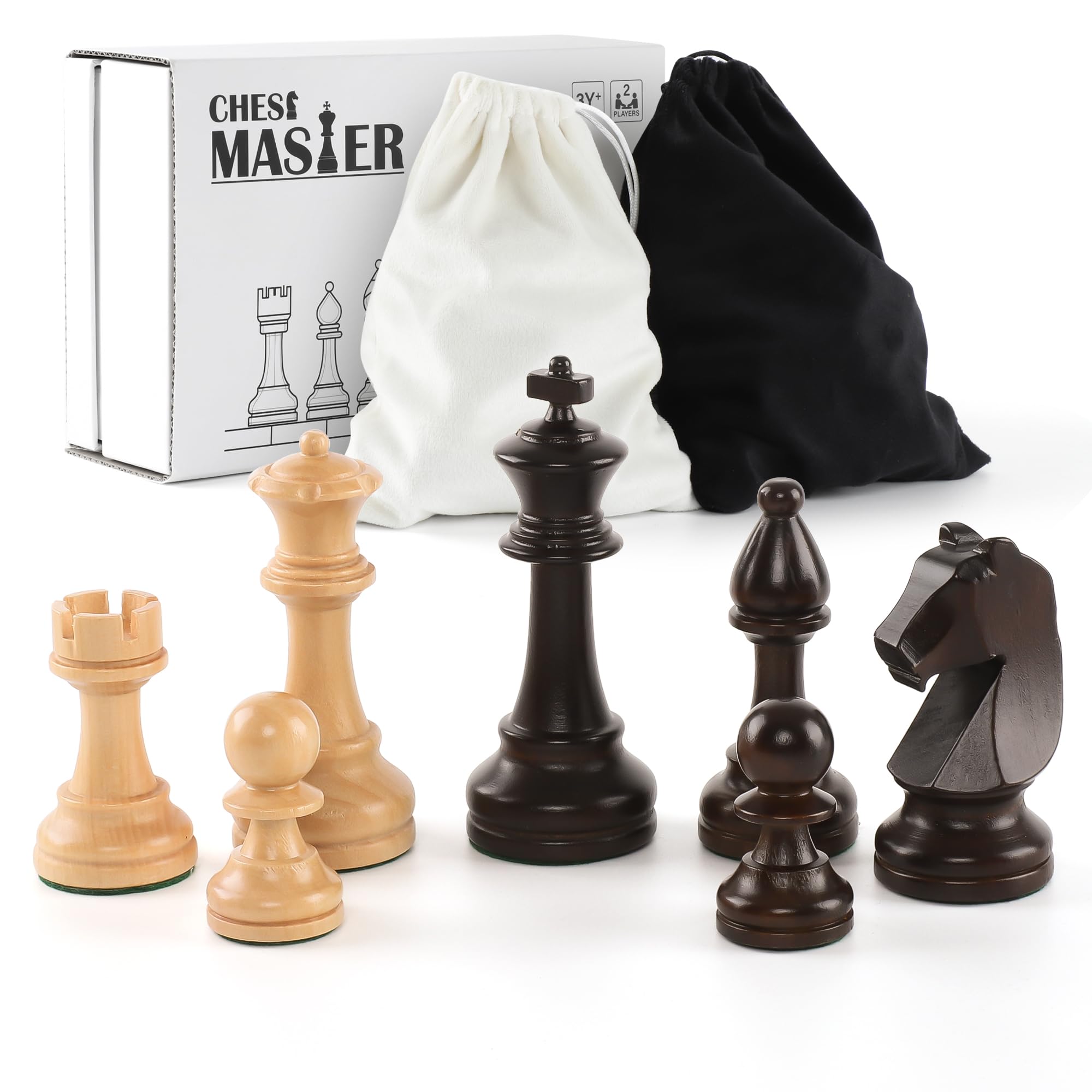 Wooden Chess Pieces Set - 32 Handmade Tournament Figures Made of Natural Wood with 9.5 cm King - Luxury Staunton Design, Includes Storage Bag (without Chessboard)