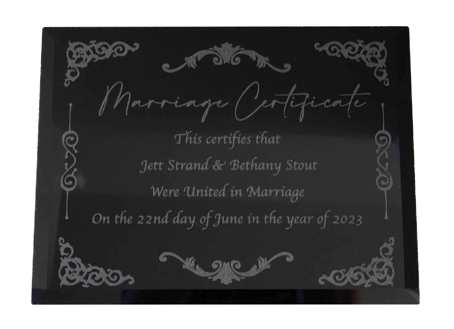 Handcrafted Marriage Certificate Plaque Custom Wedding Certificate of Marriage 9x12 inch Display (Black Glass)