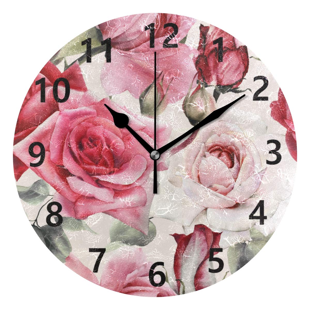 Rootti Round Wall Clock Blomm Rose Pattern Silent Non Ticking Wall Clocks Decoration For Home Bedroom Living Room Bathroom Kitchen Office Lounge Decor