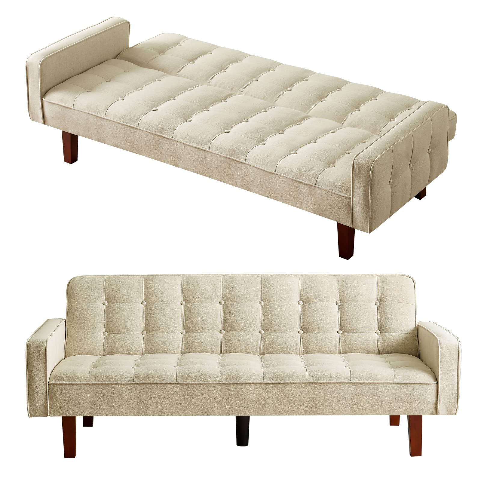 Setawix Linen Futon Sofa Couch Bed Button Tufted Convertible Sleeper Sofa Beds Reclining Armed 3 Seater Sofas Couches for Living Room Bedroom Apartment Small Spaces (Beige)(Please see Description)