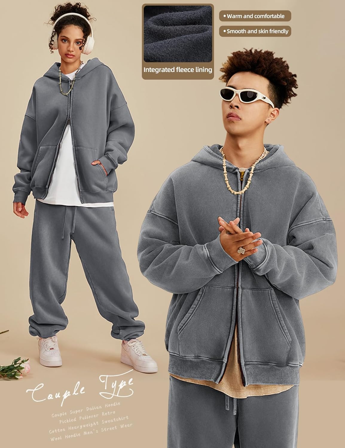 Arssm Mens Oversized Zip Up Hoodies Jackets Fleece Vintage Acid Wash Cotton Heavyweight Distressed Sweatshirt - Image 4