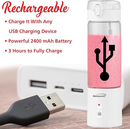 Miniatura 2 de Brentwood Licuadora portátil de vidrio cargable por USB de 50 vatios y 17 onzas (blanco)