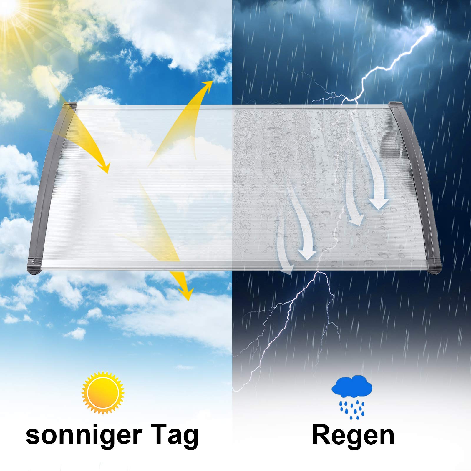 NAIZY 200 x 100cm Vordach für Haustür Pultbogenvordach Überdachung Haustür aus Polycarbonat und Aluminium Rahmen für Garage Balkon Fenster Haus - Grau