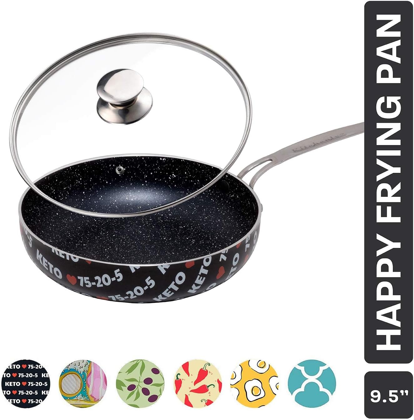 KITCHENLY™ Happy Frying Pan & Lid - Nonstick Pan, Deep Nonstick Frying Pan Stone Cookware - Oven, Electric, Gas, and Induction Compatible - 9.5 inch