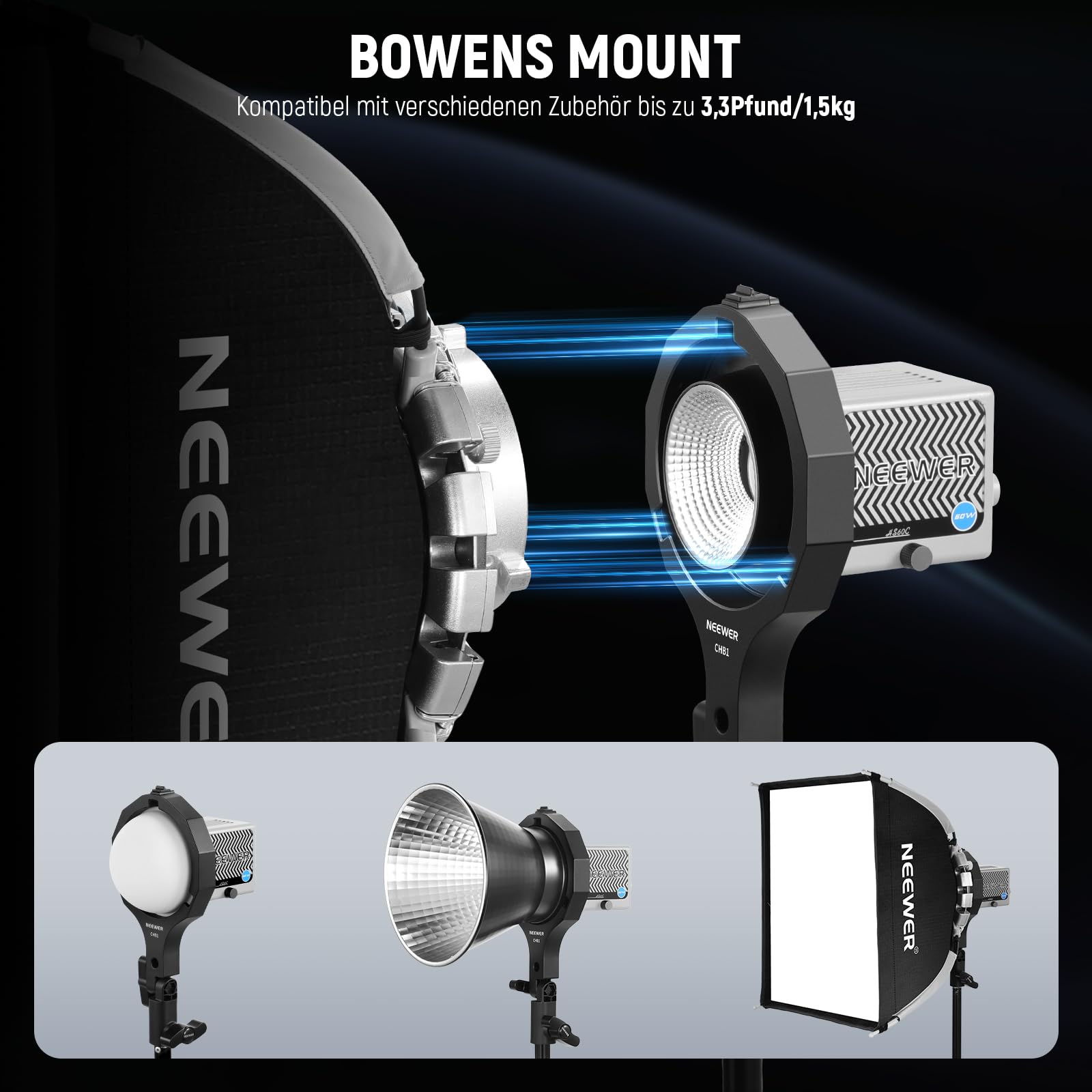 NEEWER Bowens Halterung, Mini zu Bowens Adapterring mit Schirmhalterung, 5/8" Aufnahme, 180° Neigung, NUR für NEEWER Mini Halterungsleuchten, CHB1